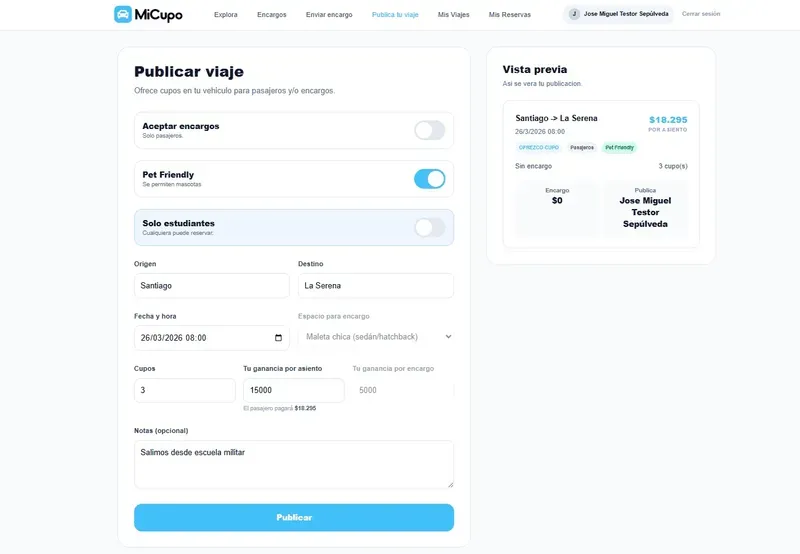 Formulario para publicar un viaje compartido en MiCupo: origen, destino, fecha y precio