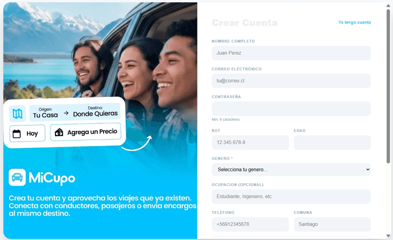 Pantalla de registro en MiCupo