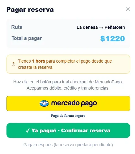 Resumen de reserva y pago seguro de un cupo en MiCupo